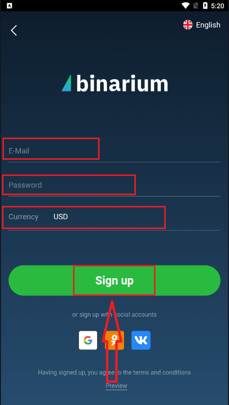 Registro e retirada do Binarium: etapas de registro e retirada da conta